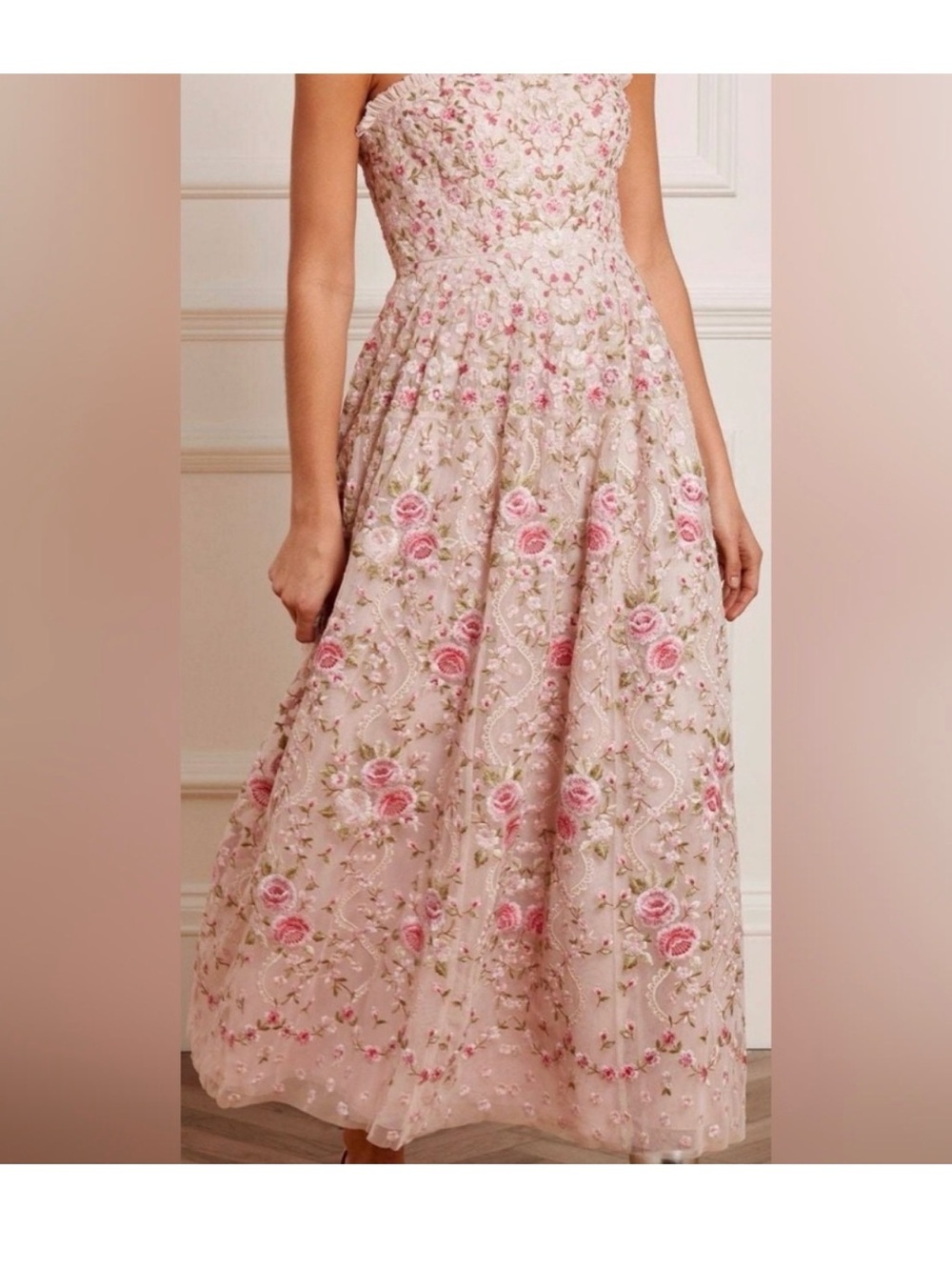 Needle & Thread Pink Embroidered Strapless Floral Midi Dress